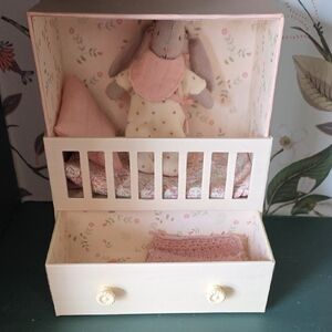 Maileg Baby Room Pink Floral Doll Crib with Bunny and Bedding